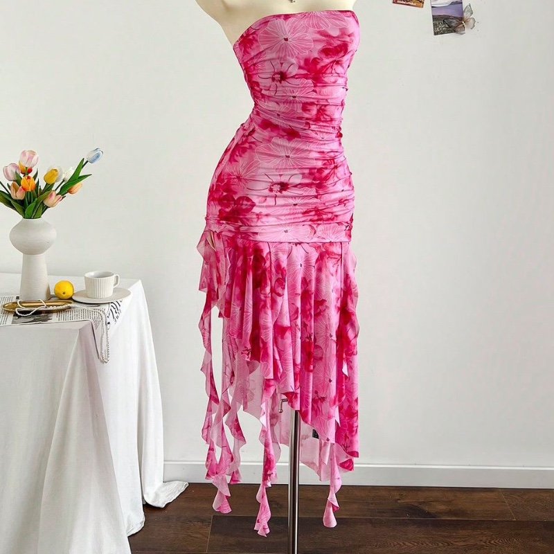 Soleia Robe fleurie rose à volants en maille pour femmes, romantique