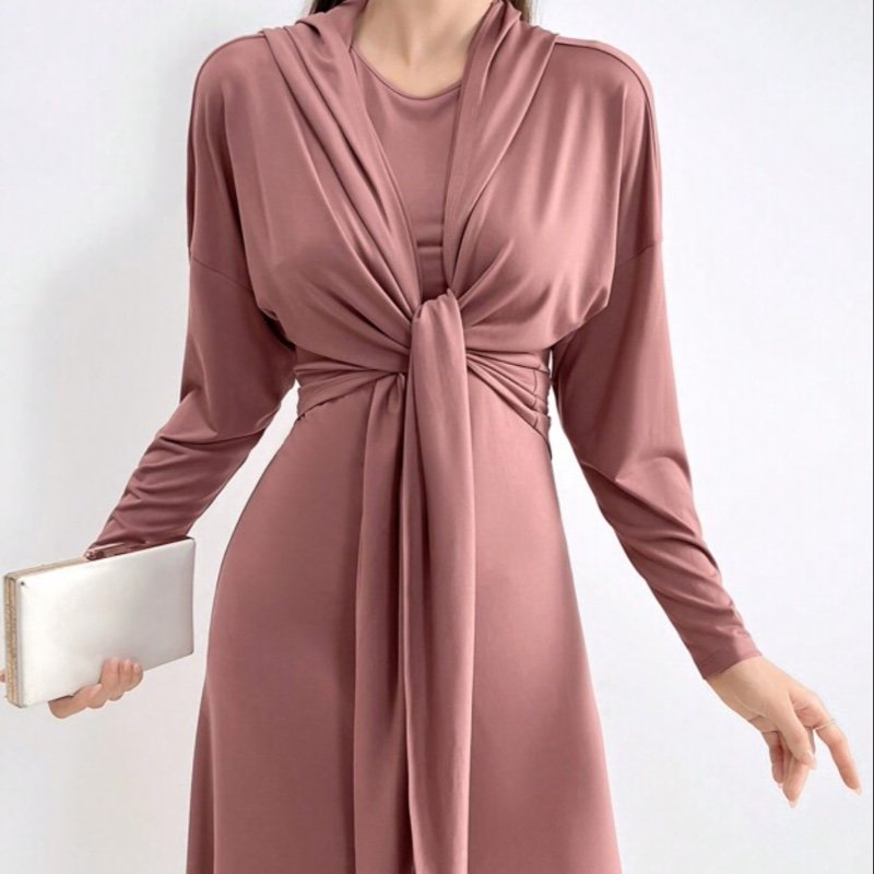 Modelyn Ladies' Fashionable Solid Color Sleeveless Dress And Long-Sleeve