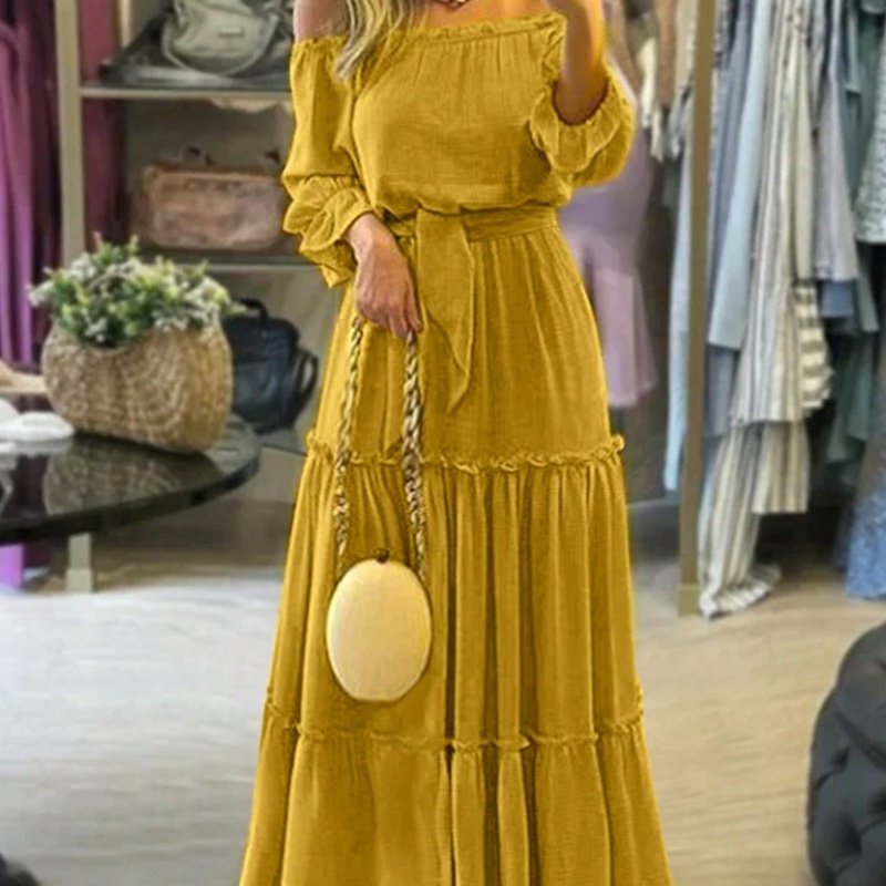 Women Off Shoulder Solid Color Long Sleeve Belted Elegant Dress, Summer Clothes &amp; Vacation Outfits, Boho Style
