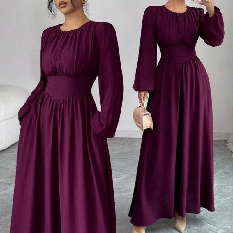 Elenzga Women's Elegant Solid Color Round Neck Shirred Waist Flared Hem Long Sleeve Dress, Suitable For Casual, Commute, Vacation, Afternoon Tea, Christmas, Formal Party