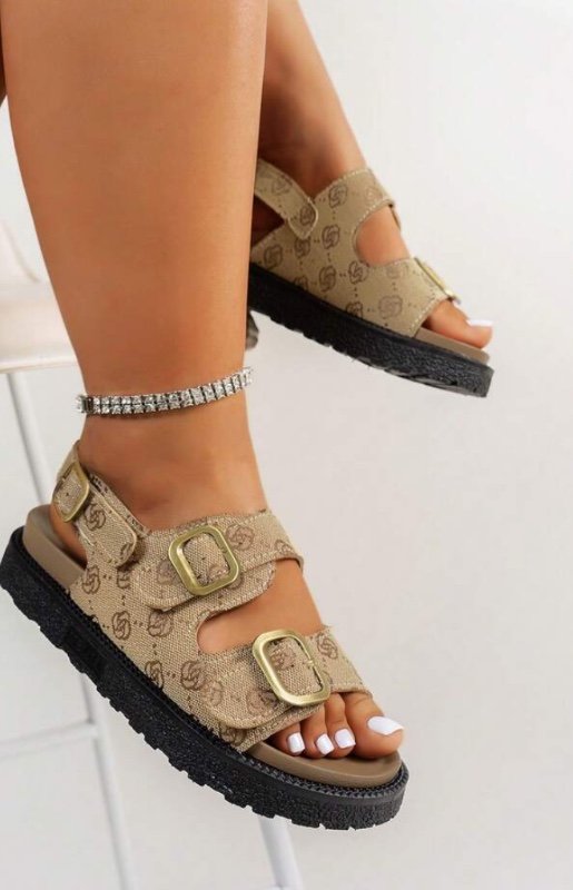 Sandales de plage à semelle épaisse avec boucle métallique décorative, à bout ouvert