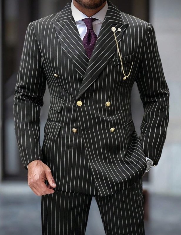 Manfinity Mode Ensemble costume rayé croisé pour hommes avec col châle, manches longues