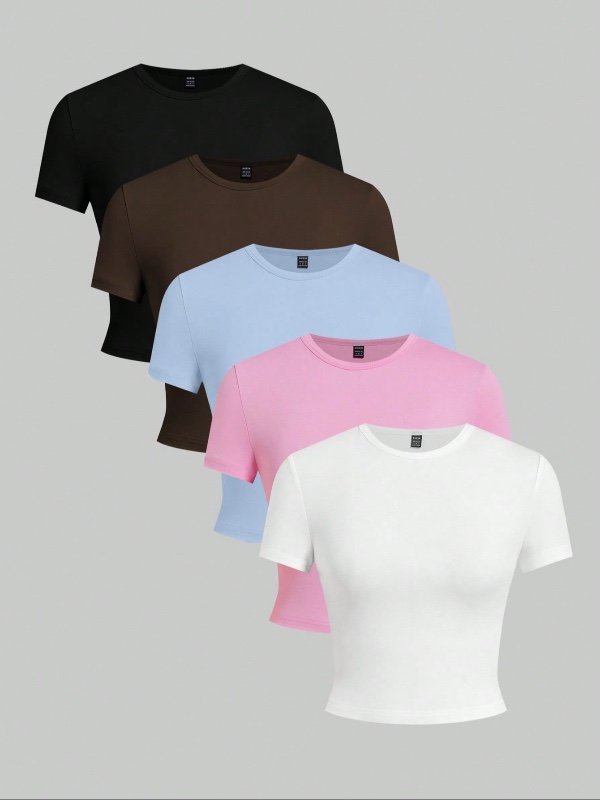 SHEIN EZwear 5 pièces/set de t-shirts basiques à manches courtes coupe slim de couleur unie
