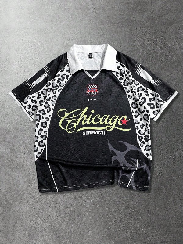 ROMWE MEN T-shirt de football à imprimé léopard et couleur contrastée pour hommes, style décontracté sportif