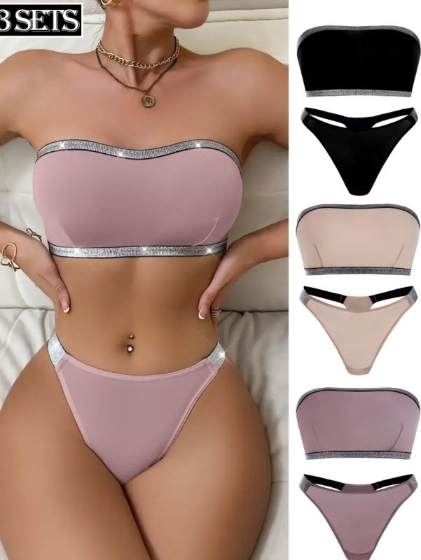 Ensemble 3 pièces pour Femme : Bralette Sans Bretelles et String avec Design Fil Argenté