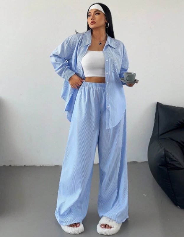 POPSWAY 2 pièces/set Plus size Ensemble casual lâche manches longues à rayures bleues et blanches