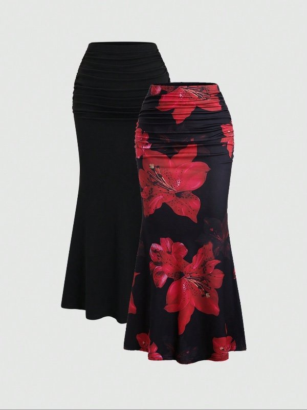 Sweetra 2 pièces Ensemble Femme : Jupe Sirène Élégante de Couleur Unie et Jupe Imprimée Florale