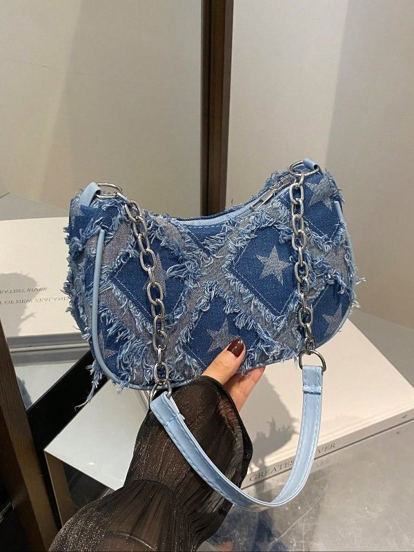 1 pièce Sac bandoulière mode en patchwork de denim noir à fermeture éclair et carreaux, convient pour un usage quotidien des femmes