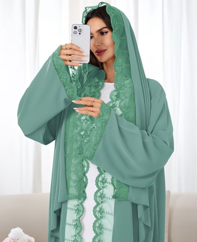 1 Set Hijab + Open Abaya Islamic Mid-Length Dress, Turkish Dubai Abaya Robe With