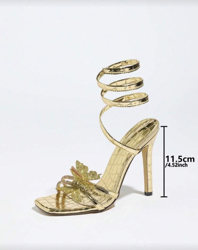 Women's Square Toe Stiletto High Heel Sandals, Gold Glitter Butterfly Rhinestone Lace-Up, Comfortable And
