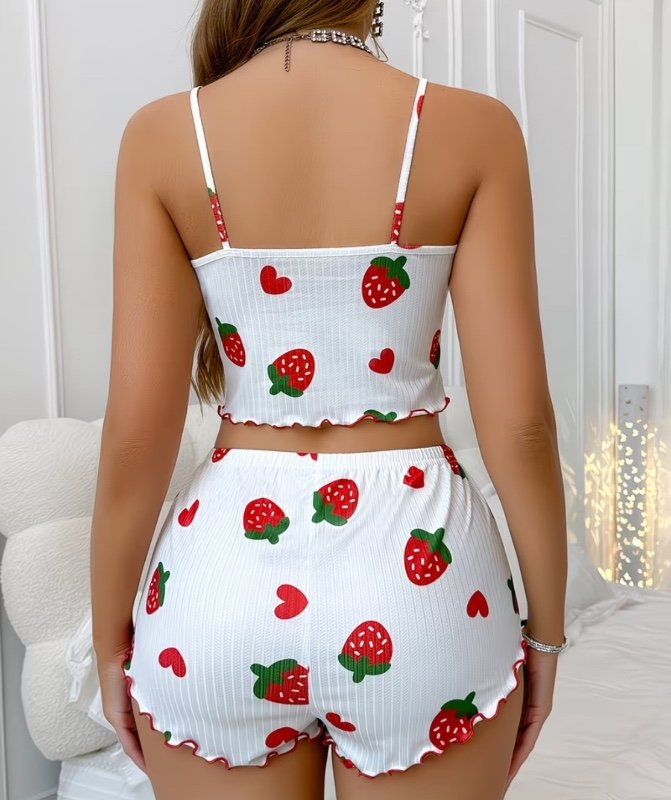 Pyjama femme en jersey à imprimé cœur et fraise, ourlet feston