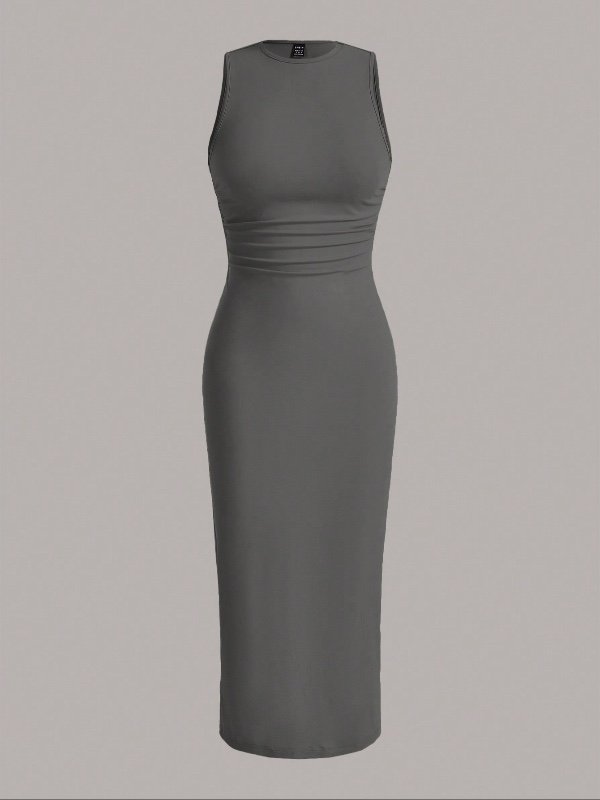 SHEIN EZwear Robe moulante en tricot mini à encolure ronde et dos plissé, verte