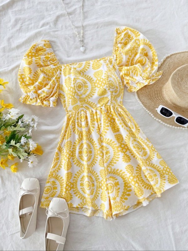 Soleia Combinaison fleurie avec manches bouffantes, col carré, style casual de vacances, pour femmes