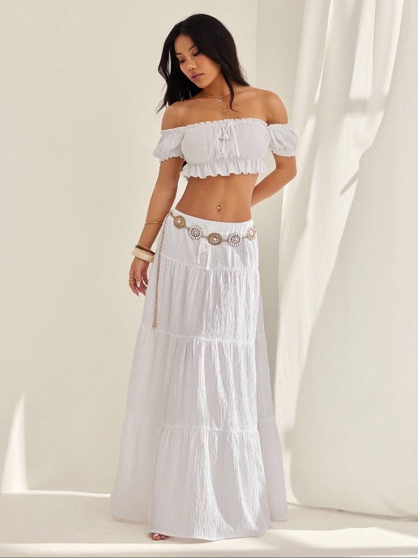 SHEIN PETITE Ensemble de femme comprenant un Top court à épaules dénudées avec volants