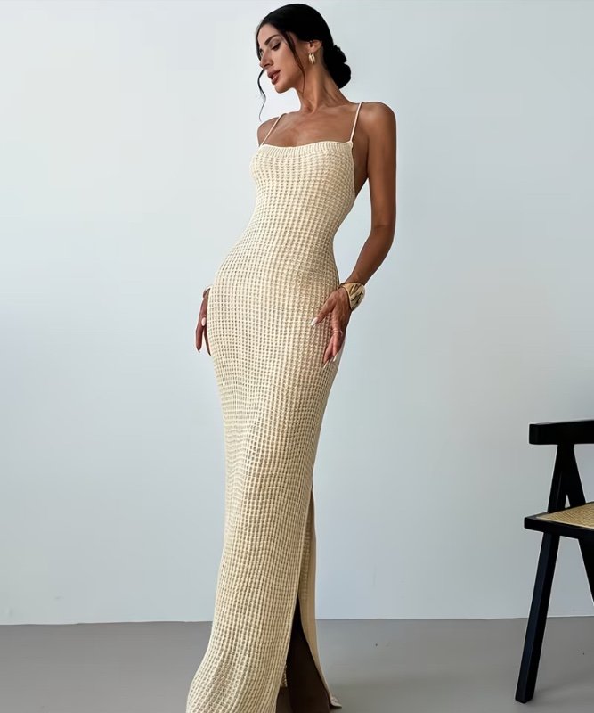 Femme - Robe Élégante et à Dos Croisé, Fente Latérale et Cou