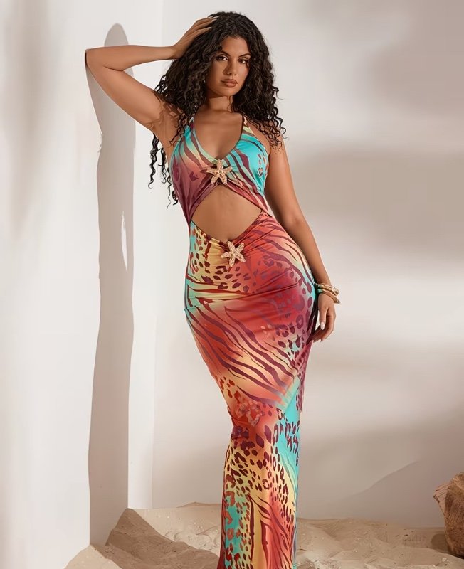 Robe moulante multicolore à col en V, épaules dénudées