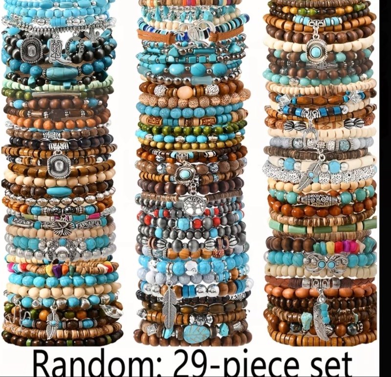 Ensemble de bracelets de perles en bois de style vintage, lot de 29 pièces