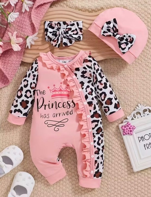 Combinaison Bébé Fille Imprimé Léopard avec Lettres, Chapeau et Bandeau, Y300024 Automne/Hiver, Idéale pour l'Extérieur
