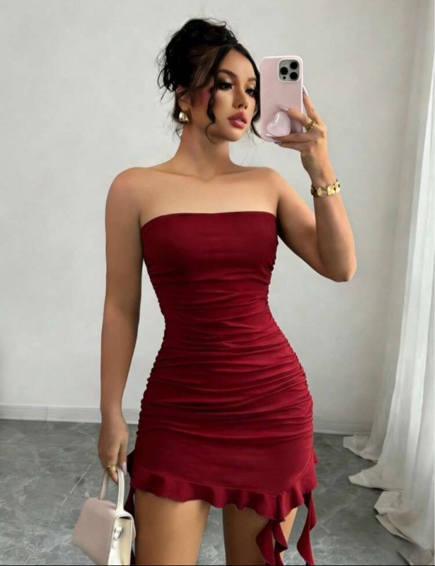 French Elegant Fitted Pink Strapless Dress, Designed For Fashionable Women