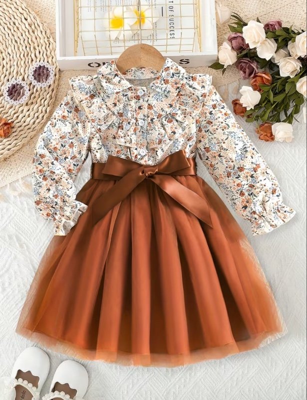 Robe à Manches Longues Printemps-Automne pour Filles avec Col de Chemise Princesse et Jupe en Tulle, 1 Pièce