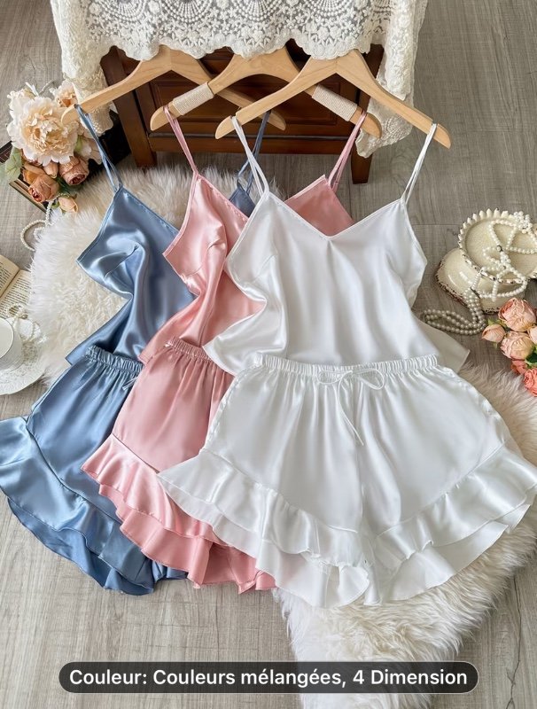 Ensemble 6 pièces pour adolescentes : T-shirt débardeur à col en V, couleur unie, short à volants, pyjama tendance.