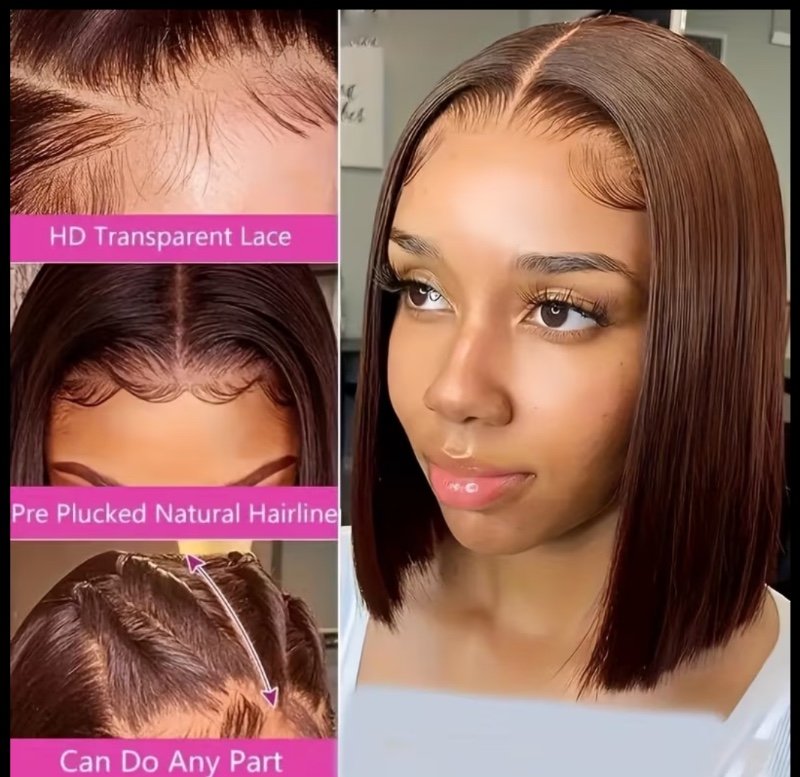 Perruques Karneval en Cheveux Humains Bob pour Femmes - Perruque Frontale en Dentelle Transparente HD 13x4 avec Baby Hair Pré-Épilé, #4 Brun Chocolat, Perruque Courte et Droite, Densité 200% pour Déguisement et Port Quotidien