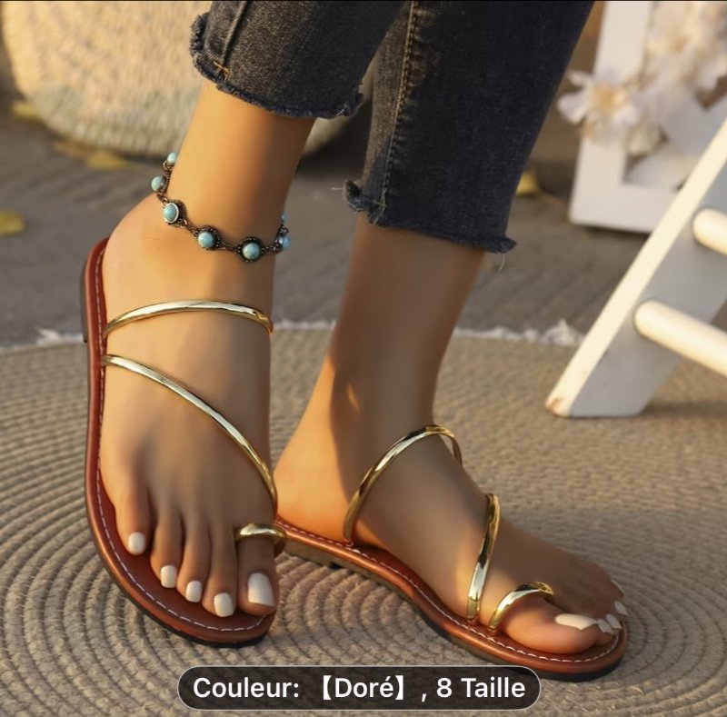 Sandales d'été à fines brides, style bohème, dorées, plates, style romain, confortables et anti-frottement