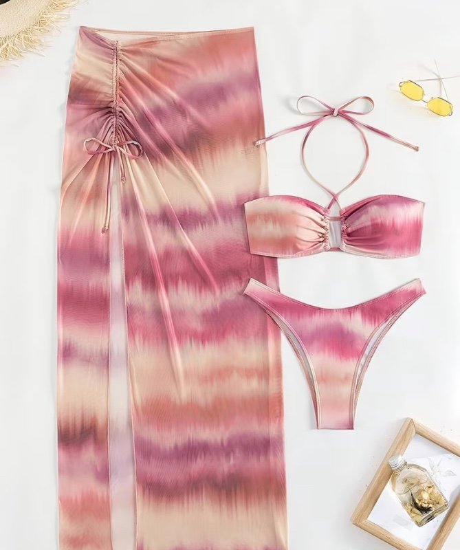 Maillot de bain 3 pièces dégradé tendance, bretelles spaghetti