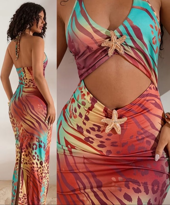 Robe ajustée décolletée en V et bustier, ornements métalliques