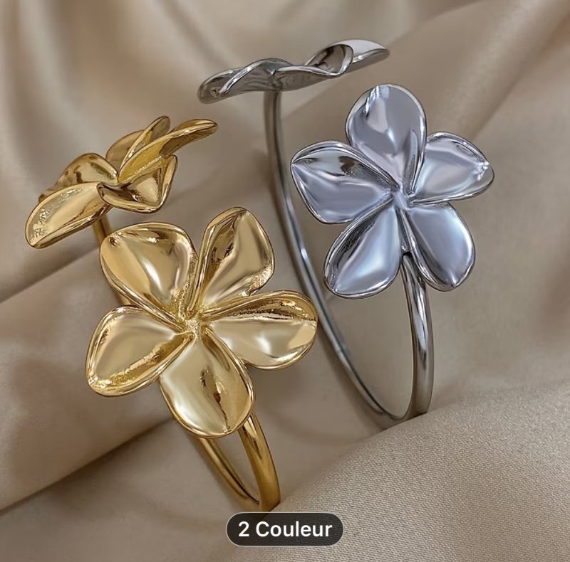 Bracelet Ouvert en Acier Inoxydable à Motif Exagéré - Double Fleur Dorée Style Punk