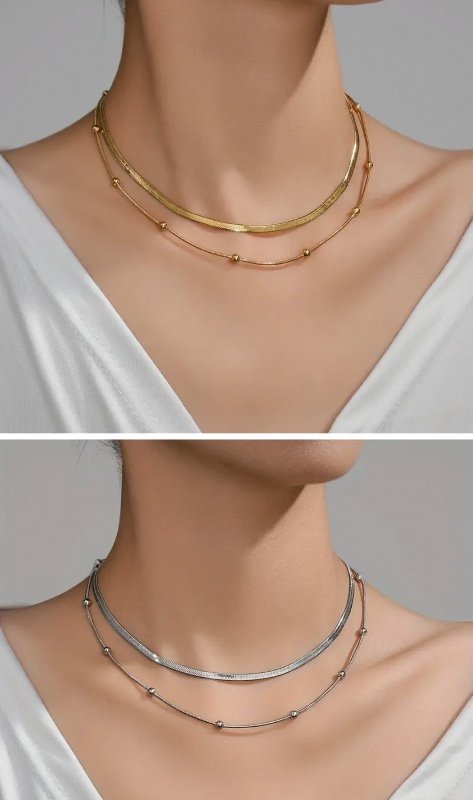 Collier Chaîne Serpent Double Couche | Style Superposé Perlé Doré/Argenté | Acier Inoxydable Hypoallergénique | Résistant à la Décoloration et au Ternissement | Design de Luxe Léger et Niche | Bijou Élégant et Polyvalent pour Quotidien et Soirées | Exquis