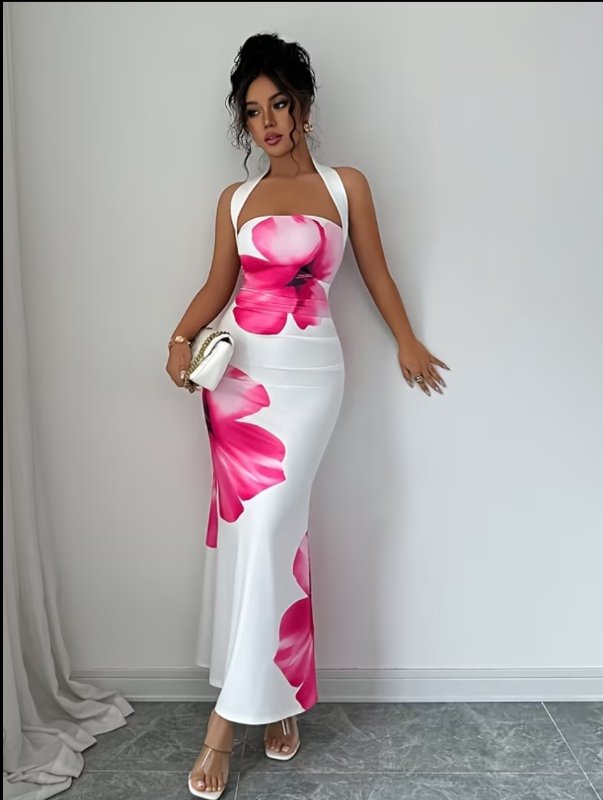 Robe d'été à col Summerhalter, corsetceinture, imprimé floral mi-long, robe unique