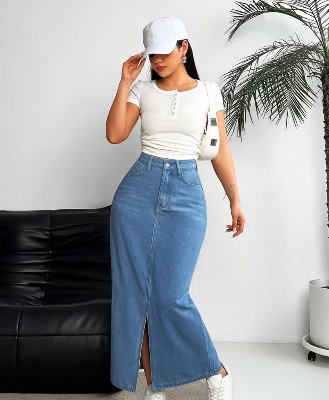 Jupe Maxi en Denim Délavé à Fente, Coupe Slim et Style Casual pour Femme