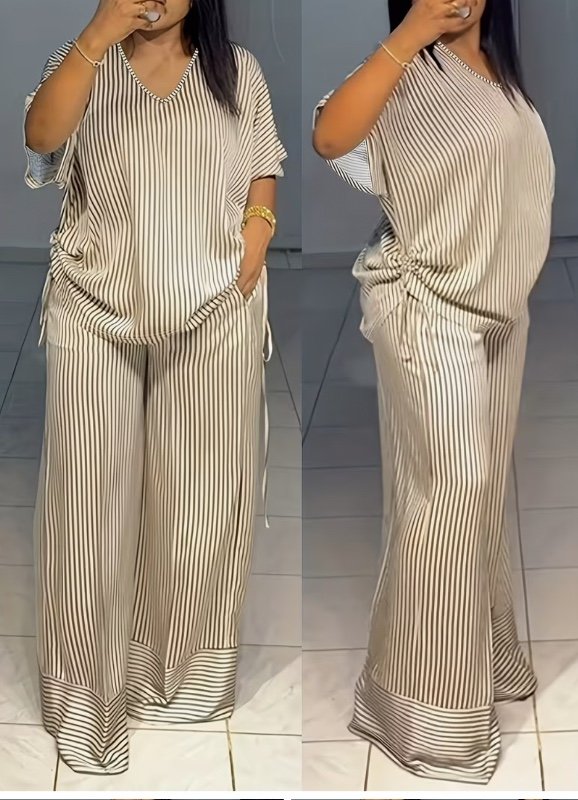 Grande Taille - Grande Taille - Ensemble Femme Décontracté et Tendance, Ample et Confortable, Rayé, Col en V, Cordon de Serrage