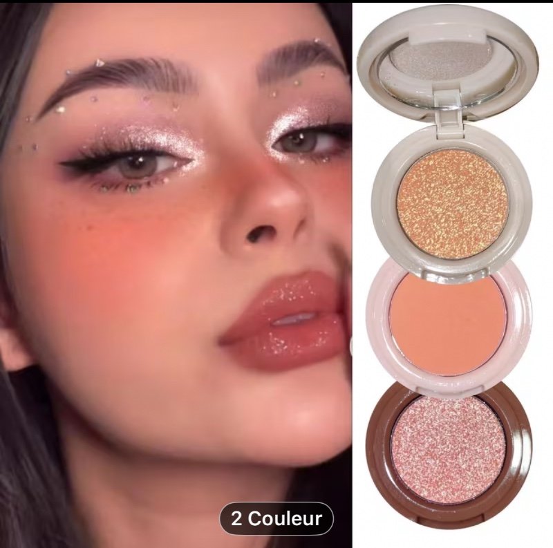 Poudre de maquillage 3 en 1 pour illuminateur, fard à joues et contour du visage, multifonctionnelle, mate et nacrée, rouge pêche, fard à joues et illuminateur à trois couches