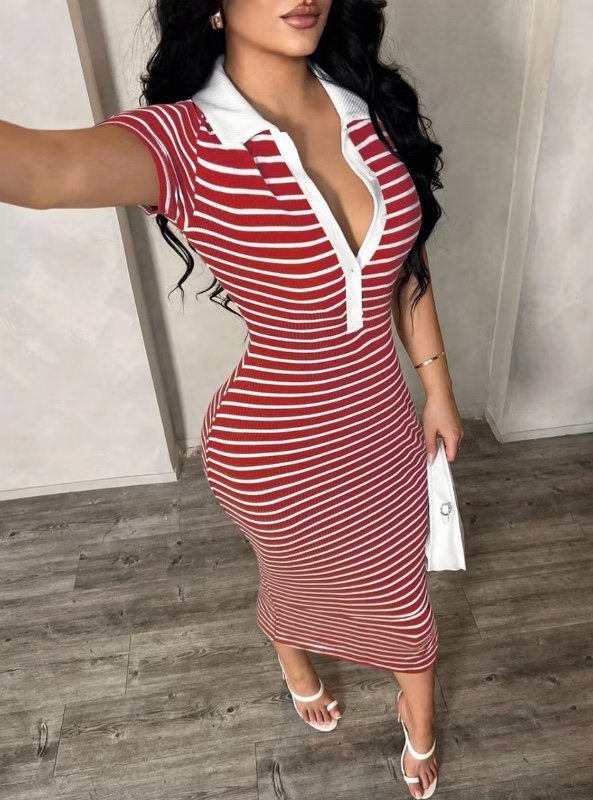 Chemise décontractée à rayures et manches courtes pour femme, robe mi-longue ajustée, robe élégante de style français