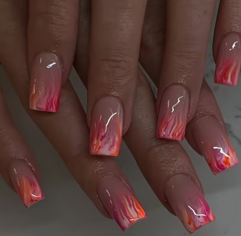 24 pièces d'autocollants pour ongles dégradé rose orange flamme doux et cool