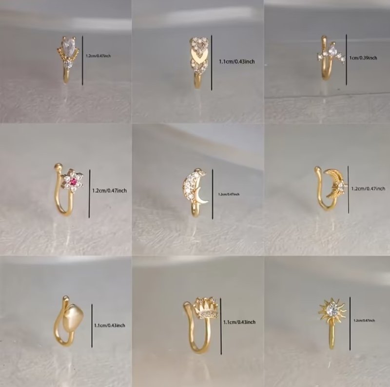 Ensemble Élégant de 9 Pinces à Nez pour Femmes - Réglables, Pas de Percage Nécessaire - Motifs Soleil, Étoile, Lune, Cœur & Couronne avec Zircone Cubique Scintillante - Parfait pour le Quotidien & les Fêtes, Idéal pour Thanksgiving