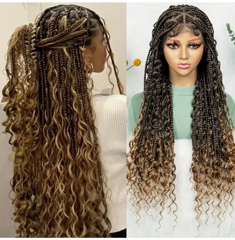 Perruque Bohème Tressée en Dentelle Complète, Tresse Boîte Bohème, Perruque Synthétique en Dentelle Complète, Perruque Tressée Ondulée Déesse avec Pointes Bouclées