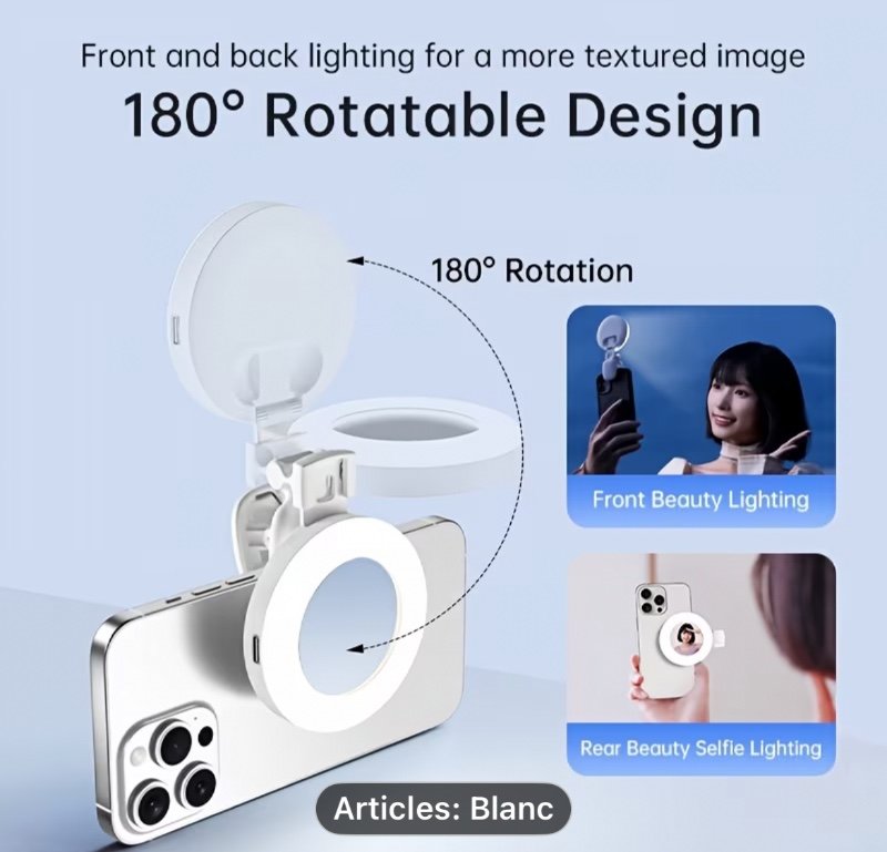 1pc Anneau Lumineux Selfie pour Téléphone Portable avec Miroir -- Lumière de Remplissage LED Rechargeable, 3 Températures de Couleur, 9 Niveaux de Luminosité -- Lumière LED Portable, Tête Rotative à 180° & Fixation à Clip pour Smartphones, Appareils Photo