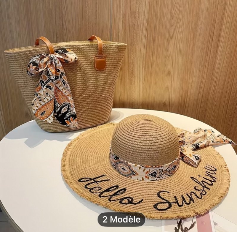 Ensemble 2 pièces Chapeaux et Sacs Style Français Grand Capacité Sac en Paille Femme Sortie Été Vacances Chapeau de Paille avec Broderie Goffrée Chapeau de Plage