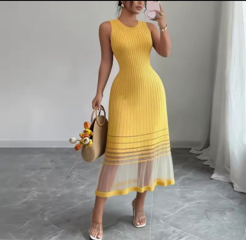 Robe midi décontractée pour femme, sans manches, col rond, en maille élastique, avec ourlet transparent, couleur violet ombré, idéale pour l'été, la plage, les vacances ou les soirées.