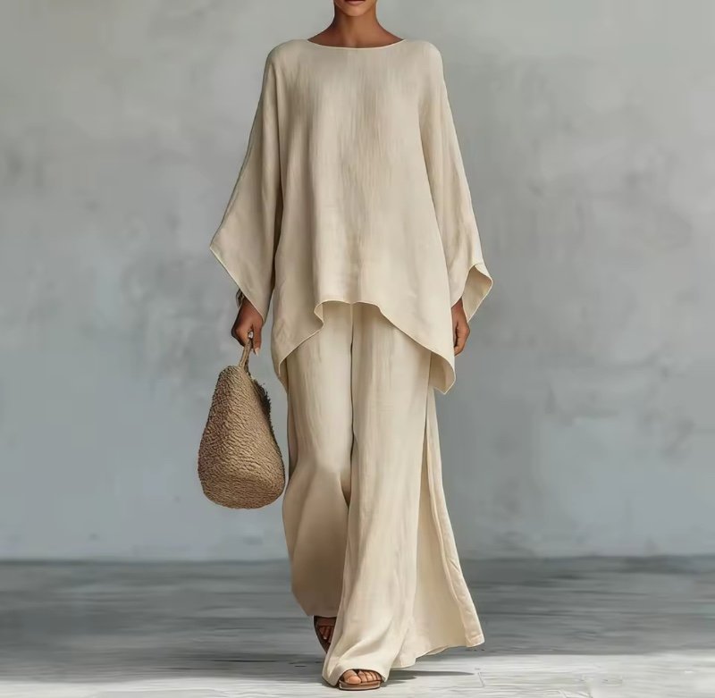 Nouvelle Collection – Ensemble 2 Pièces Femme en Lin : Pantalon Ample à Jambes Larges et Manches Longues – Style Décontracté Rétro Élégant pour le Printemps