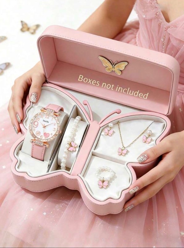 6/5 pièces Ensemble de montre à quartz élégante mode fille, forme de cœur feu d'artifice. Comprend collier, bracelet, bague et boucles d'oreilles avec décoration gracieuse de papillon et perle. Convient pour le port quotidien, l'école, les fêtes et les vo