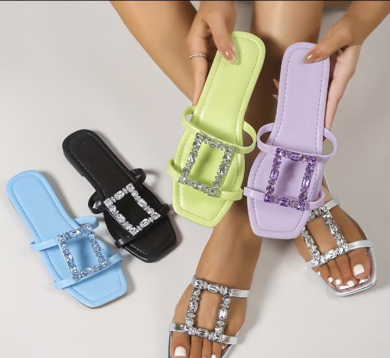 Nouvelles Chaussures Femme Été - Sandales Décontractées Légères d'Extérieur, Tendance, Bout Ouvert, à Enfiler, Minimalistes, Slippers de Plage de Resort Confortables, Sandales Plates, Chaussures pour Femmes et Pieds, Bout Carré, Strass, Bleu, Violet ,vert