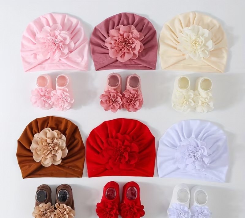 Bonnet et chaussettes princesse style floral pour bébés et enfants - Lot de 2 pièces - Matériau doux pour la peau - Accessoires à motif floral - Plusieurs coloris disponibles - Tenue quotidienne décontractée