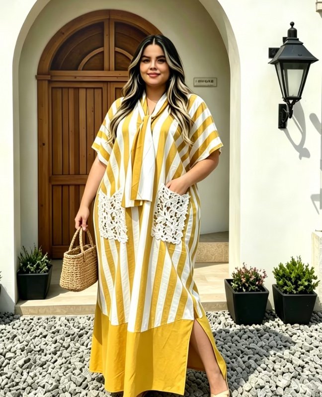 Grande Taille - Vêtements pour Femmes 2026 Nouvelle Robe Rayée à Col en V et Manches Courtes, Style Décontracté de Vacances, Grande Taille, Jupe Longue