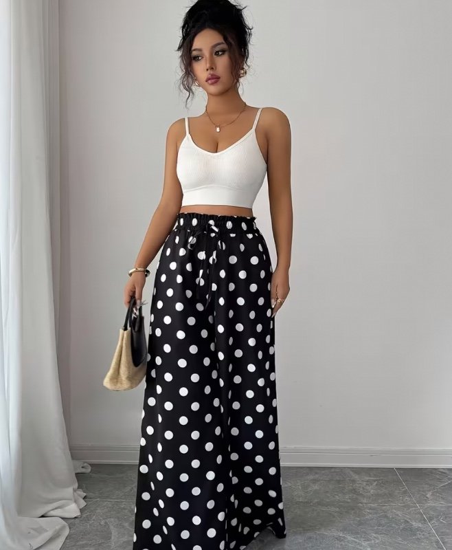 Pantalon Femme à Taille Haute et Jambes Larges avec Ourlet à Volants et à Pois - Taille Extensible Adaptée pour les Trajets, le Bureau, les Tenues d'Été, Pantalon à Jambes Larges Non Extensible Lavable en Machine pour Chemisiers