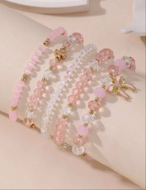 5 pièces/set Ensemble de bracelets avec pendentifs en perles de verre en forme de cœur rose doux et d'nœud, bijoux de mode de luxe cadeau pour les filles, nouvel an