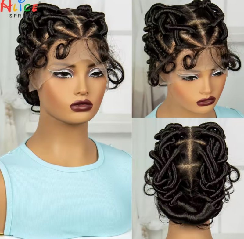 Perruques tressées en dentelle pleine , perruques tressées Bantu faites à la main, perruques synthétiques en dentelle tressée avant avec cheveux de bébé pour femmes noires